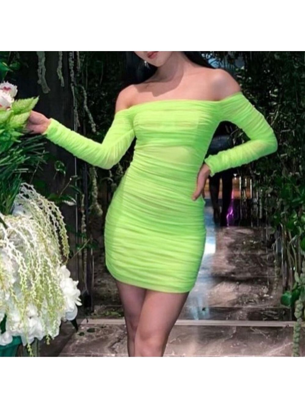 Aritzia Babaton Luxor Long Sleeve Mesh Mini Dress in Neon
